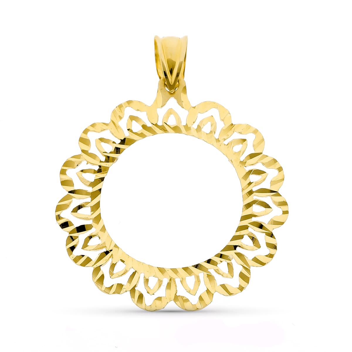 18K PLACA CERCO DE MONEDA ORO AMARILLO 18 MM TALLADO