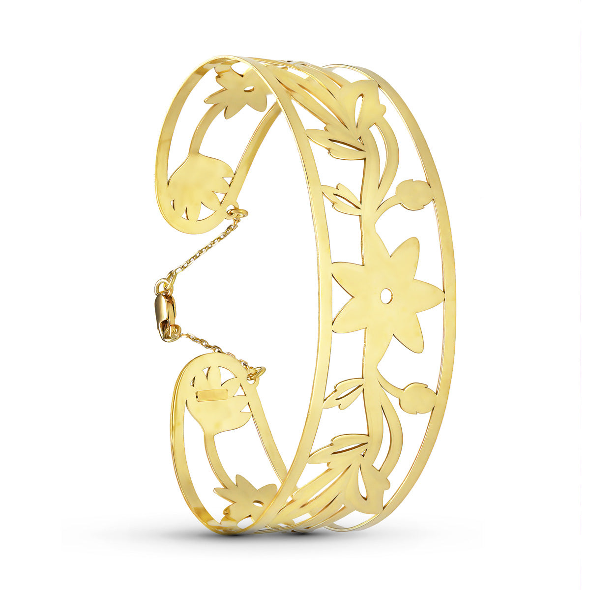 18K PULSERA RIGIDA ORO AMARILLO FLORES MEDIDA INTERIOR 62X55 MM ANCHO TOTAL 22 MM CIERRE MOSQUETON CON CADENA