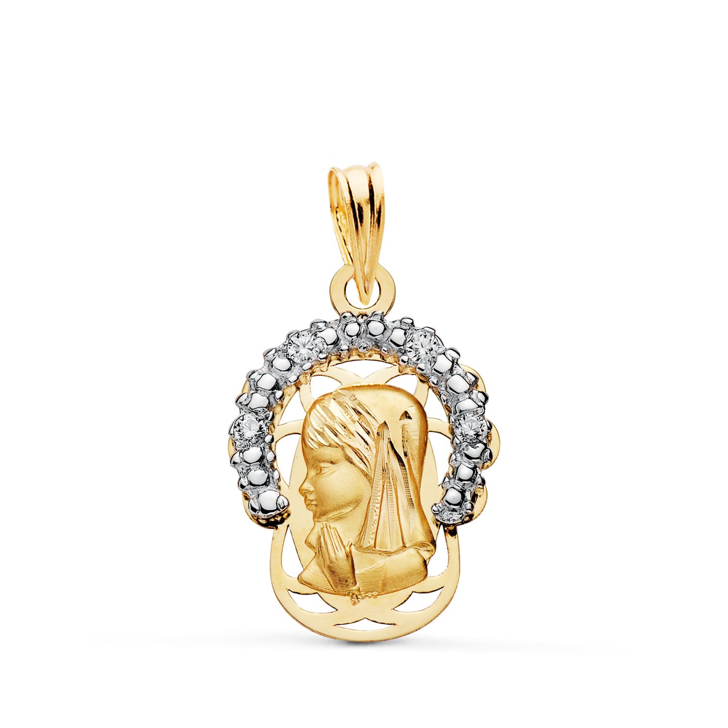 Colgante Bicolor Virgen Niña Corona con Circonitas. Medida: 20 x 14 mm 18K