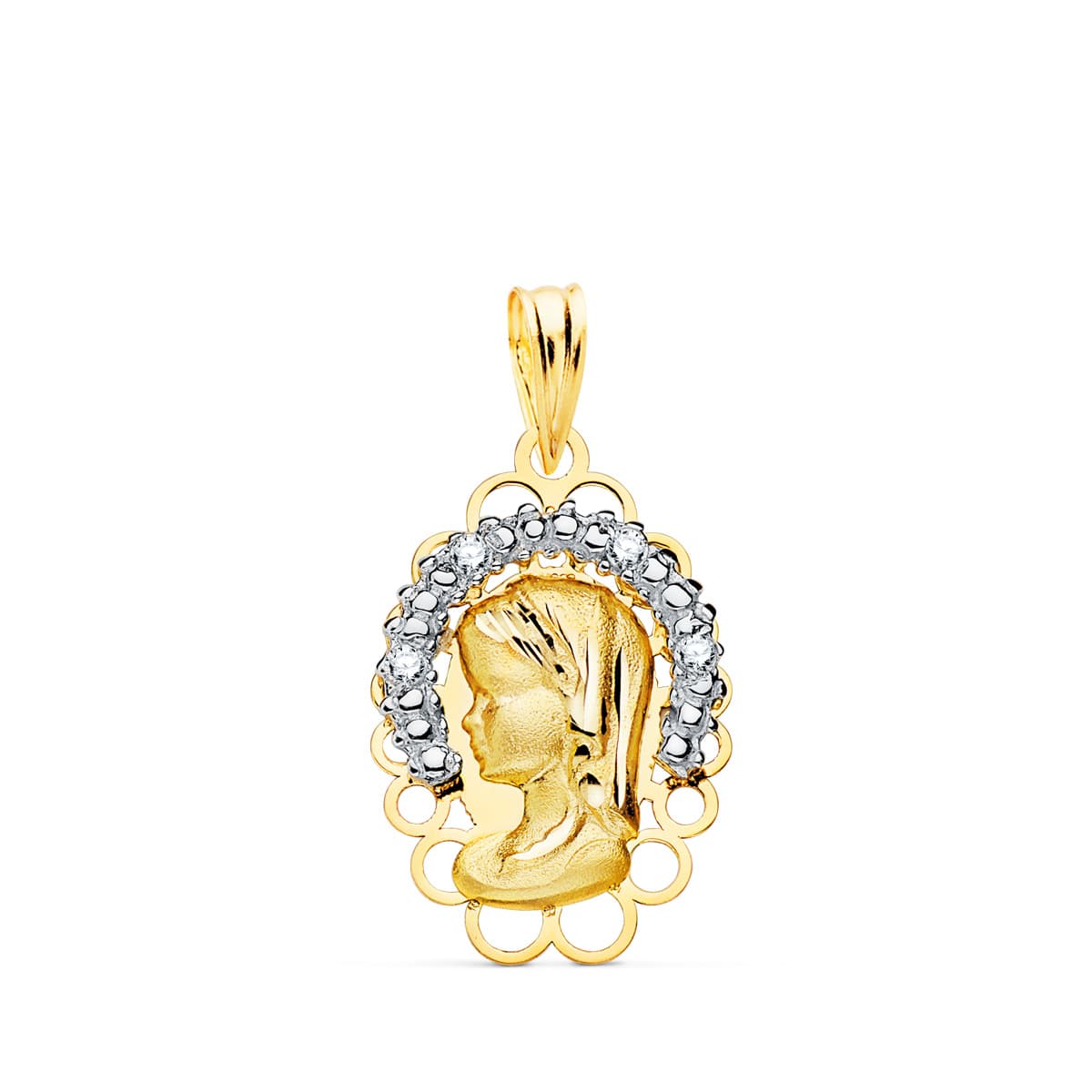 Medalla Bicolor Virgen Niña Corona con Circonita 21 x 14 mm de oro amarillo 18K