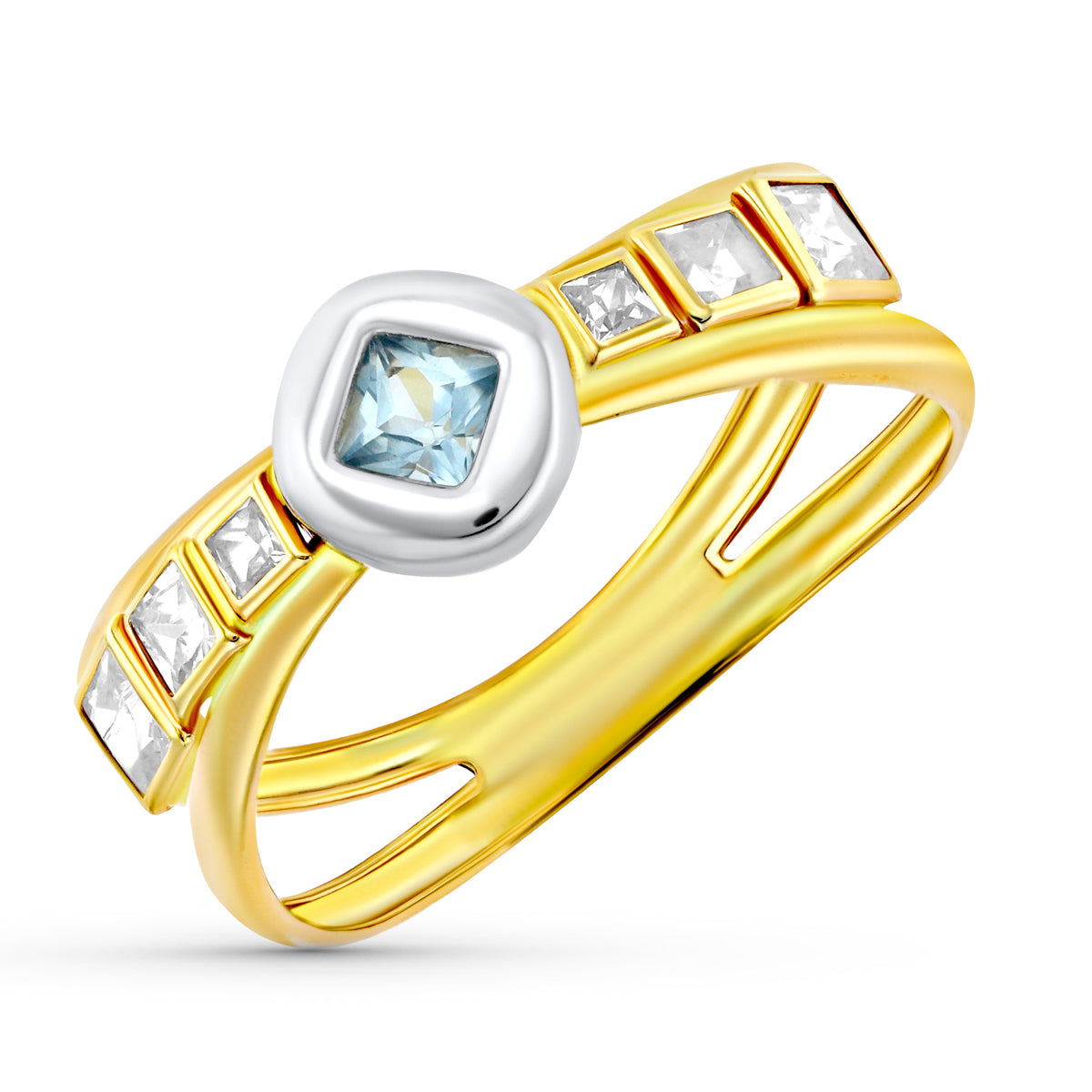 18K SORTIJA ORO BICOLOR DOBLE CUERPO CHATON CON CIRCONITA AGUAMARINA Y CUADRADAS. ANCHO: 6,5 MM