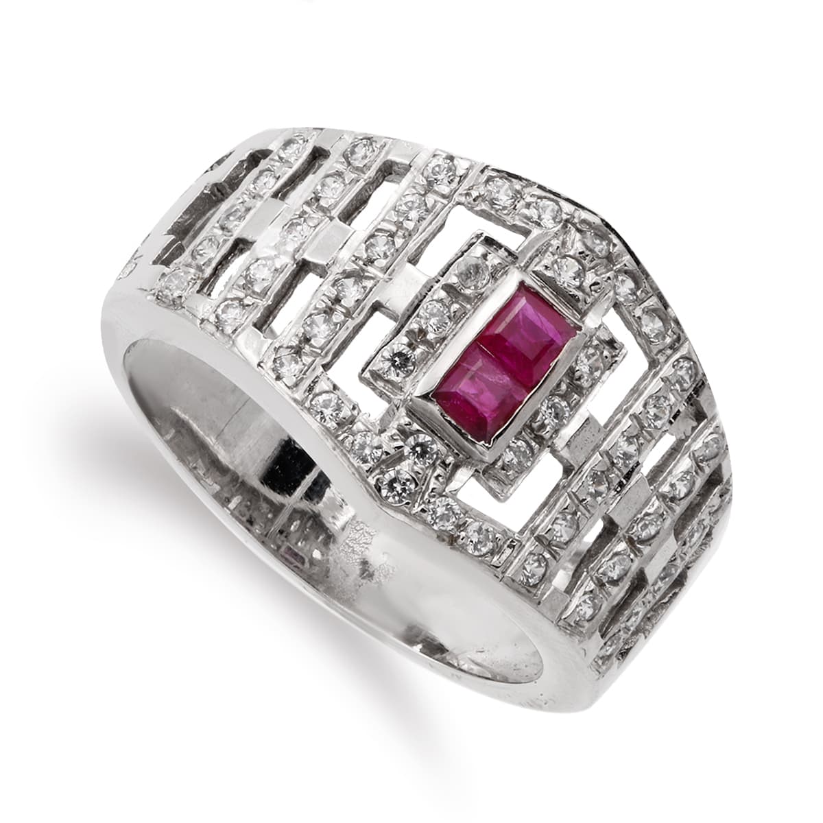 18K SORTIJA ORO BLANCO CON CIRCONITA Y RUBI. ANCHO 13 MM