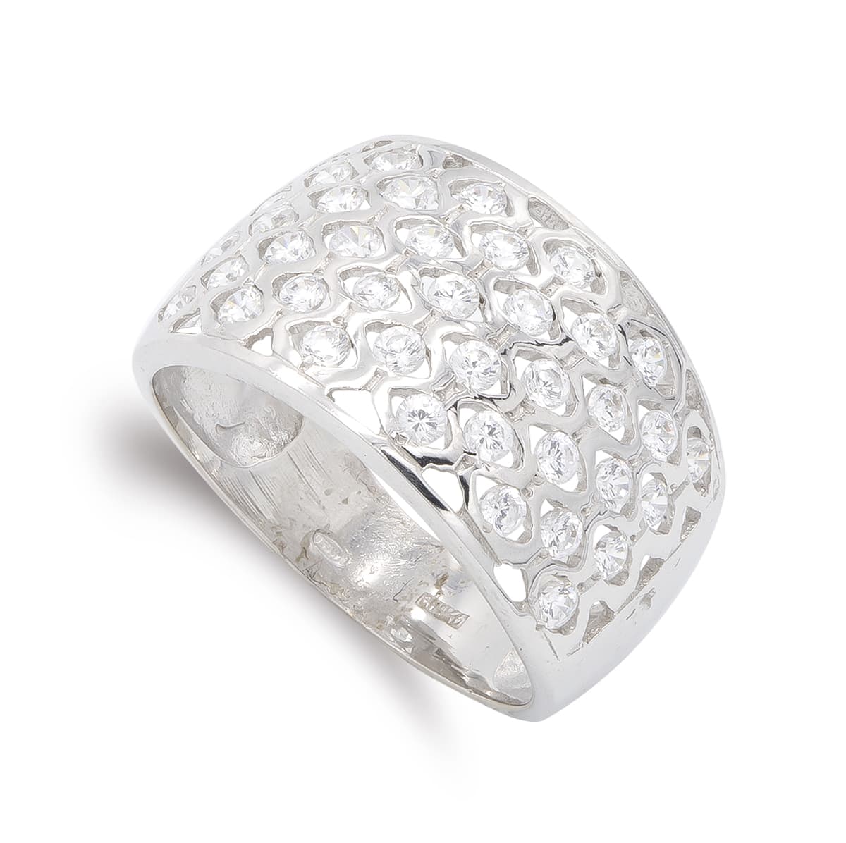 Sortija Calada con Circonita. Ancho: 13 mm de oro blanco 18K