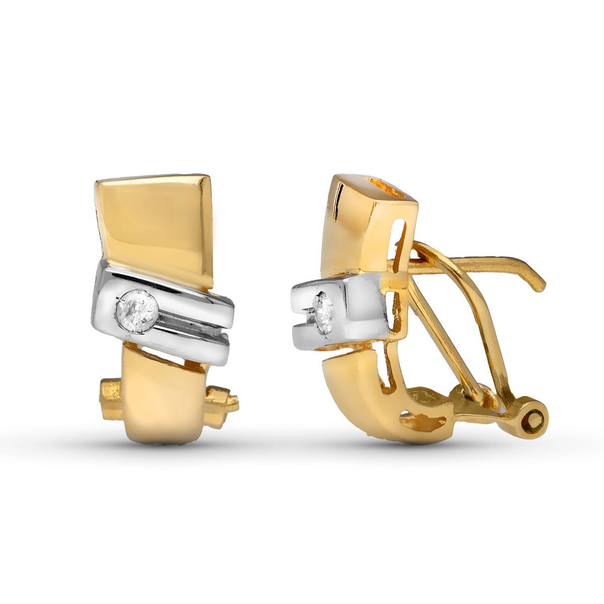 18K PENDIENTES ORO AMARILLO DIAMANTES NATURALES TALLA BRILLANTE 0.08 QTS. 14X7 MM CIERRE OMEGA