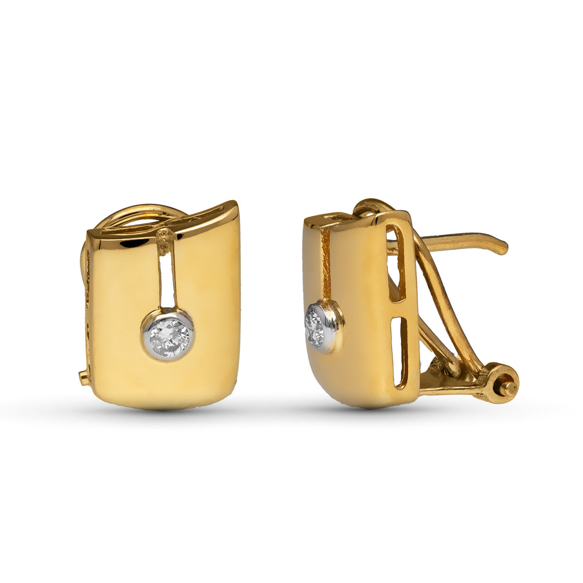 18K PENDIENTES ORO AMARILLO DIAMANTES TALLA BRILLANTE 0.10 QTS. 12X8 MM CIERRE OMEGA