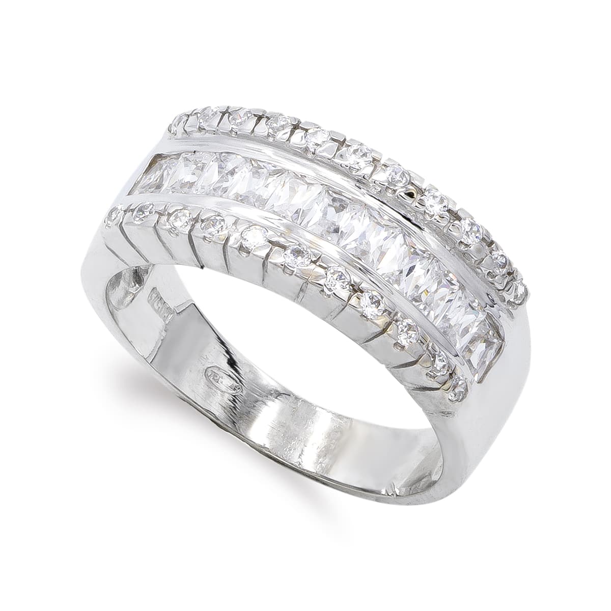 Sortija Circonita Baguette y Redondas. Ancho: 8 mm de oro blanco 18K
