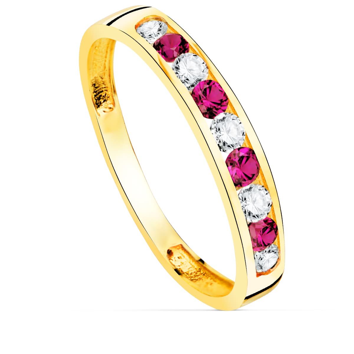 Sortija 9 Circonita Blancas y Rojas. Ancho Cuerpo 3,5 mm de oro amarillo 18K