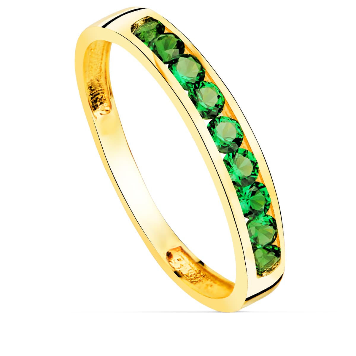 Sortija 9 Circonita Verdes. Ancho Cuerpo 3,5 mm de oro amarillo 18K