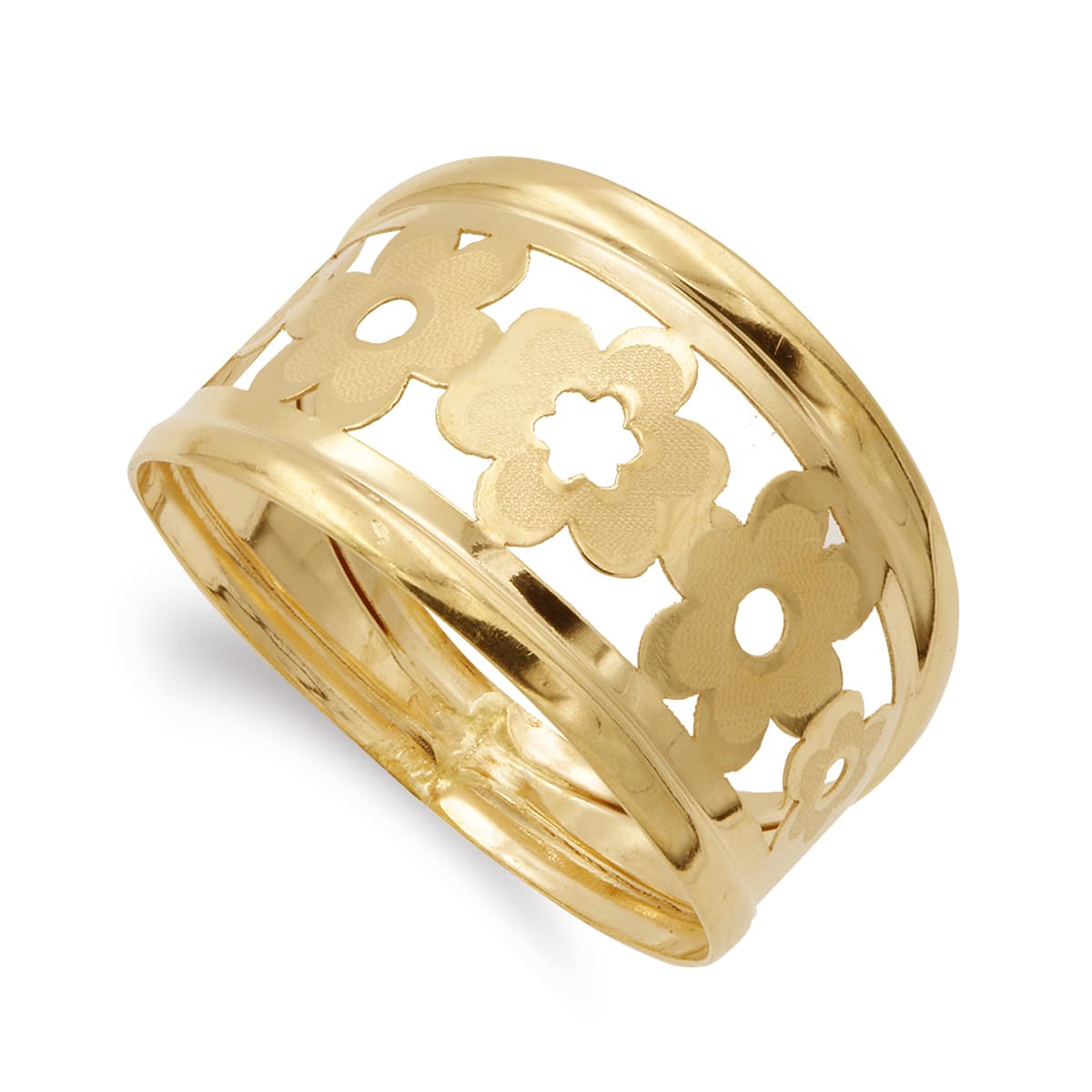 Sortija Flores Calada Mate y Brillo. Ancho: 14 mm de oro amarillo 18K