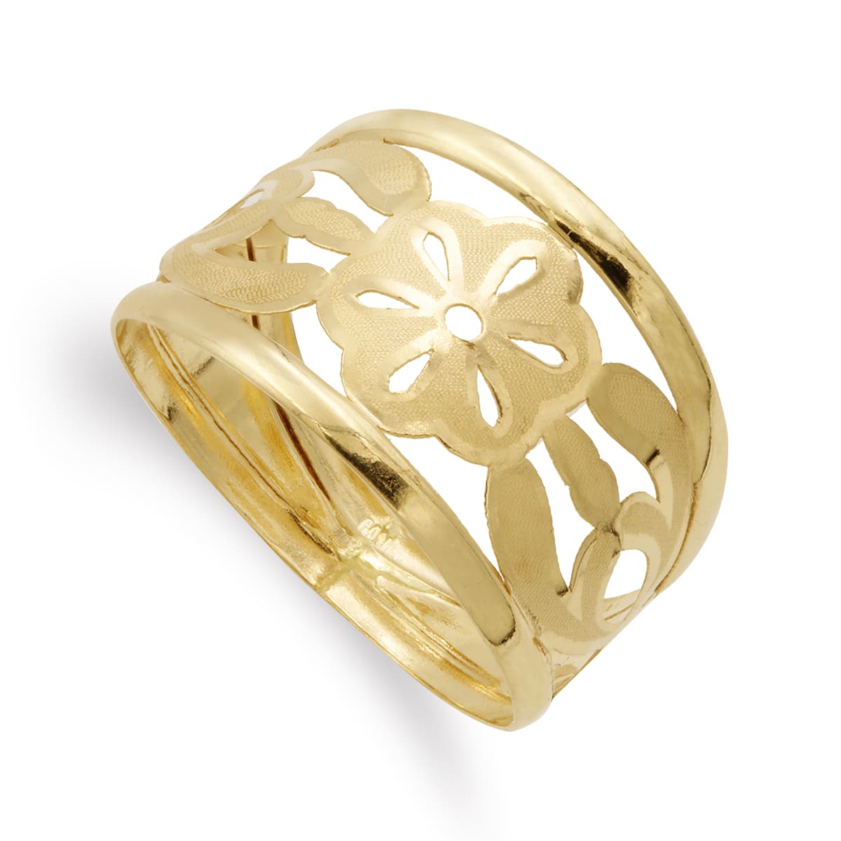 18K SORTIJA ORO AMARILLO FLORES CALADA MATE Y BRILLO ANCHO 14 MM