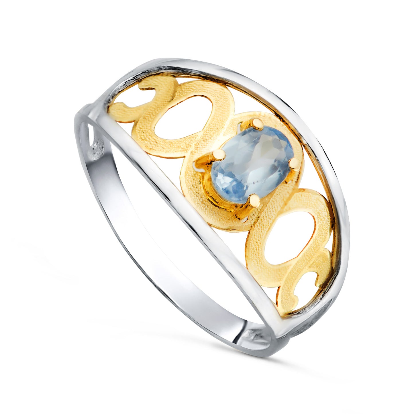 18K SORTIJA ORO BICOLOR MOTIVOS CALADA Y PIEDRA OVAL AGUAMARINA 6X 3,5 MM. ANCHO: 11MM