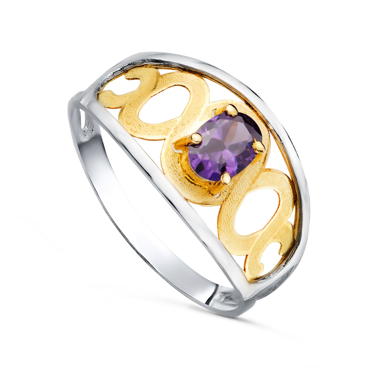 18K SORTIJA ORO BICOLOR MOTIVOS CALADA Y PIEDRA OVAL AMATISTA 6X 3,5 MM. ANCHO: 11MM