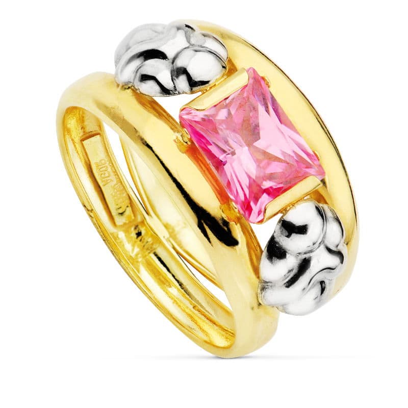 Sortija Bicolor Doble Cuerpo Motivo y Circonita Rosa 8 x 6 mm. Ancho: 14 mm 18K