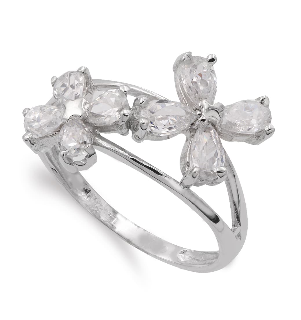 18K SORTIJA ORO BLANCO CON FLORES DE CIRCONITA ANCHO 13 MM