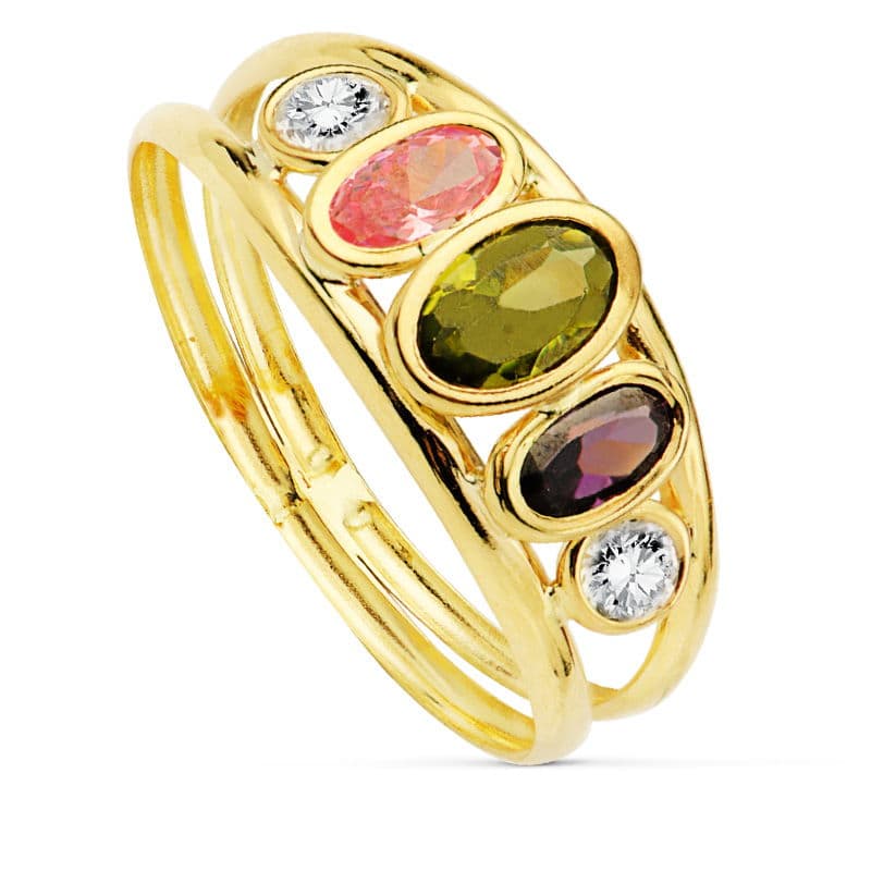 Sortija Doble Cuerpo con Circonitas Colores Ovales. Ancho: 6,5 mm de oro amarillo 9K