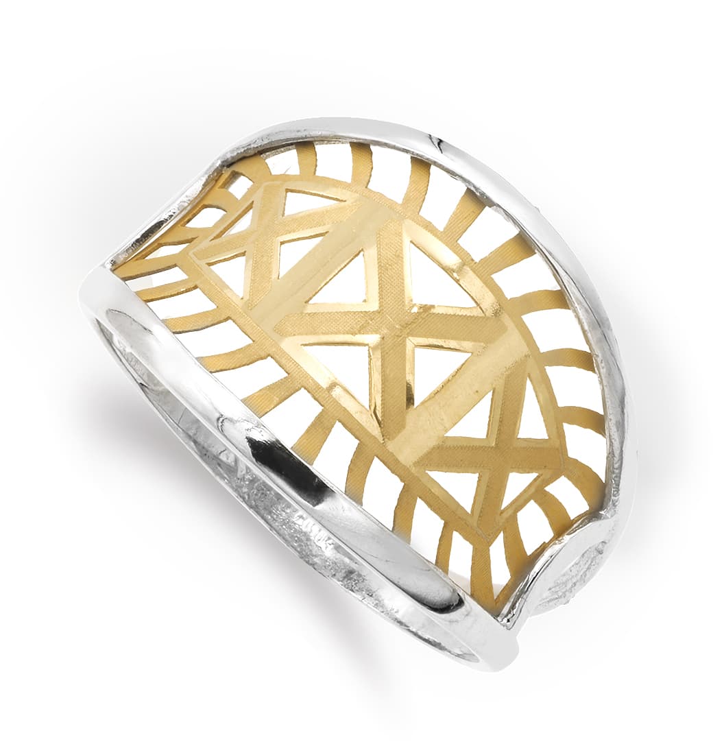 18K SORTIJA ORO BICOLOR MOTIVOS CALADOS. ANCHO: 14 MM