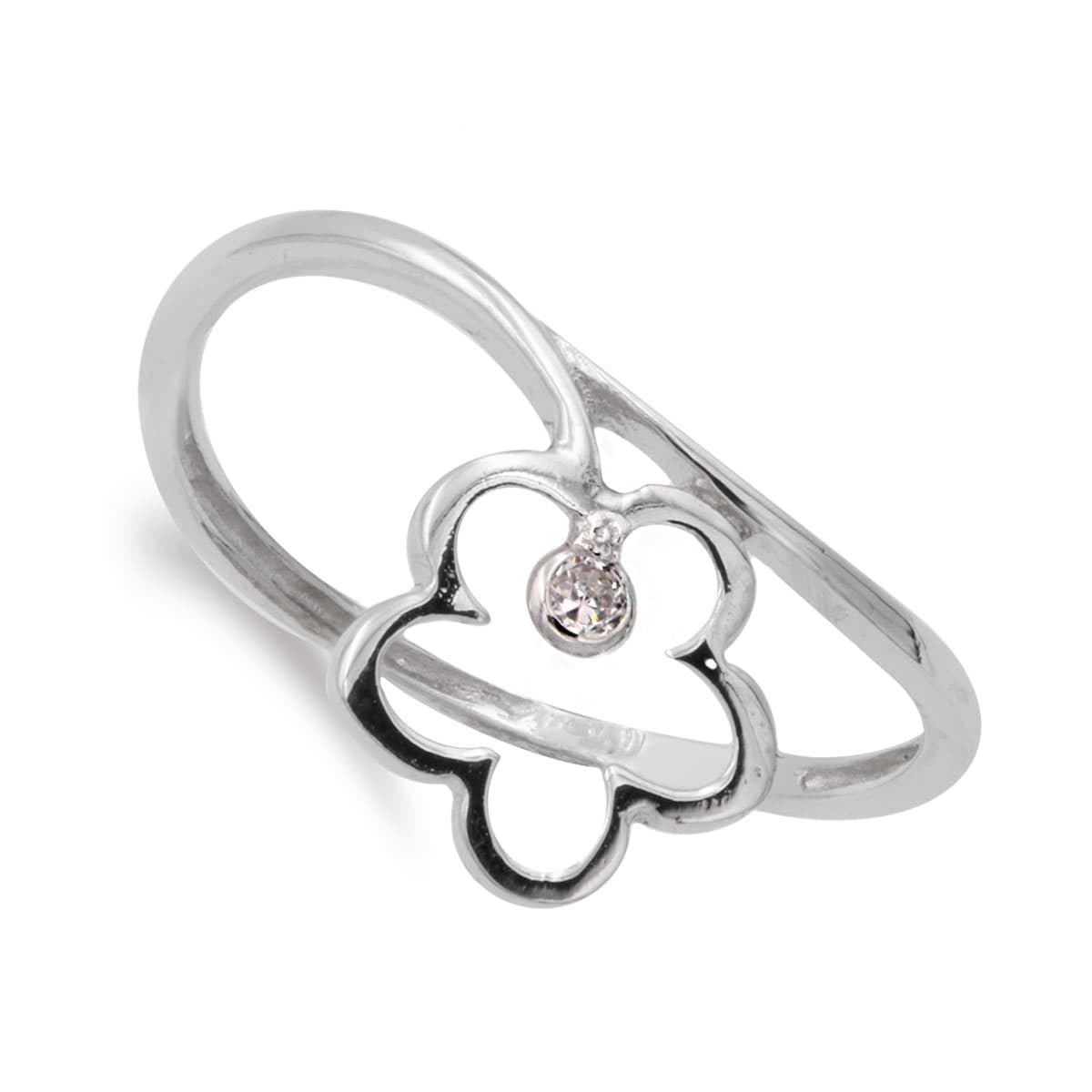 Sortija Flor 10 x 10 mm y Circonita Cuerpo 1 mm de oro blanco 18K