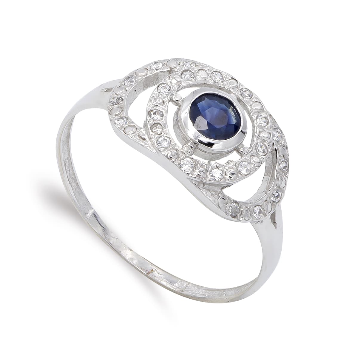 Sortija Motivo con Circonita y Zafiro. Ancho: 9 mm de oro blanco 18K