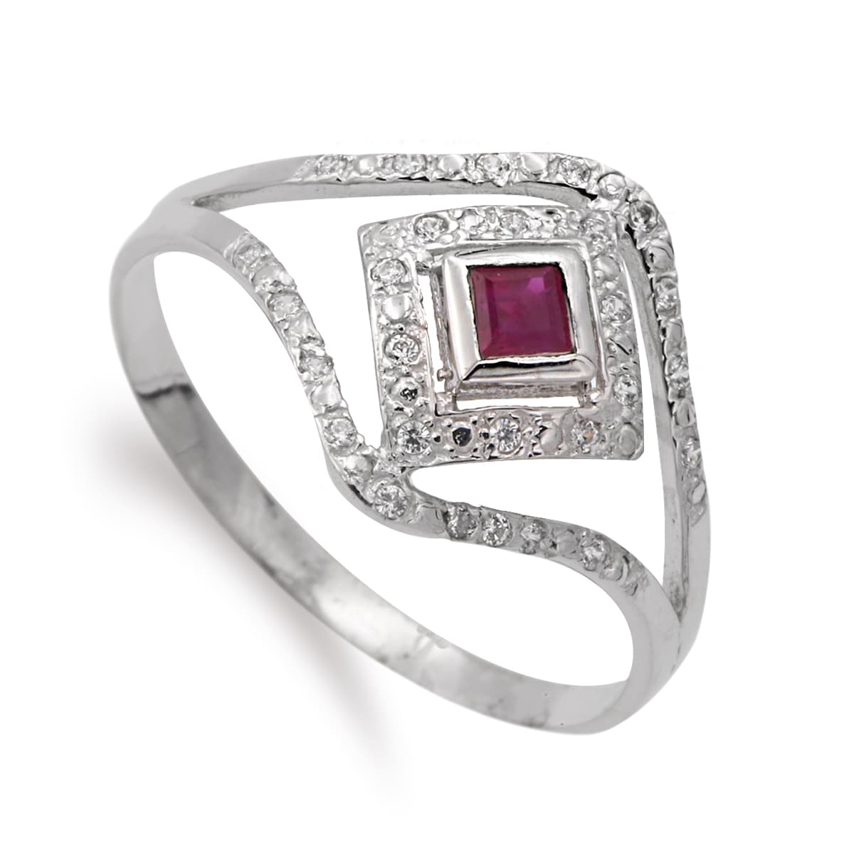 18K SORTIJA ORO BLANCO ROMBO CON RUBI Y CIRCONITAS. ANCHO: 13 MM