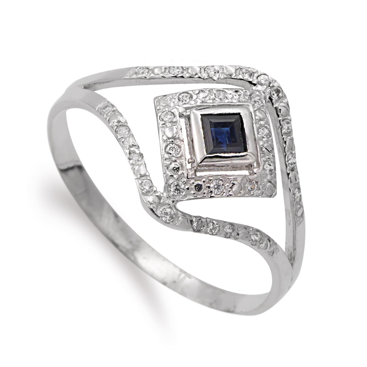 Sortija Zafiro y Circonitas. Ancho: 13 mm de oro blanco 18K