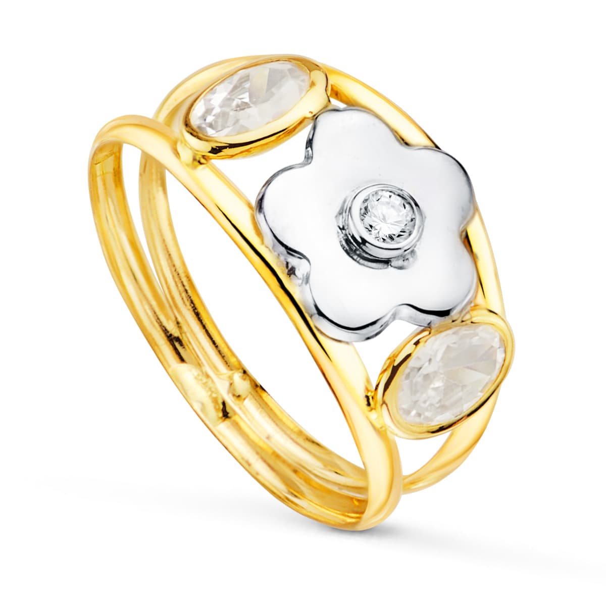 Sortija Bicolor Flor con Circonita y Circonita Blancas Ovales Ancho: 9 mm 18K