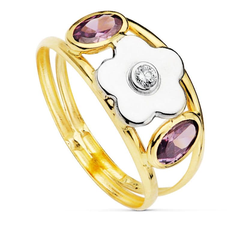 Sortija Bicolor Flor con Circonita y Circonita Amatistas Ovales Ancho: 9 mm 18K