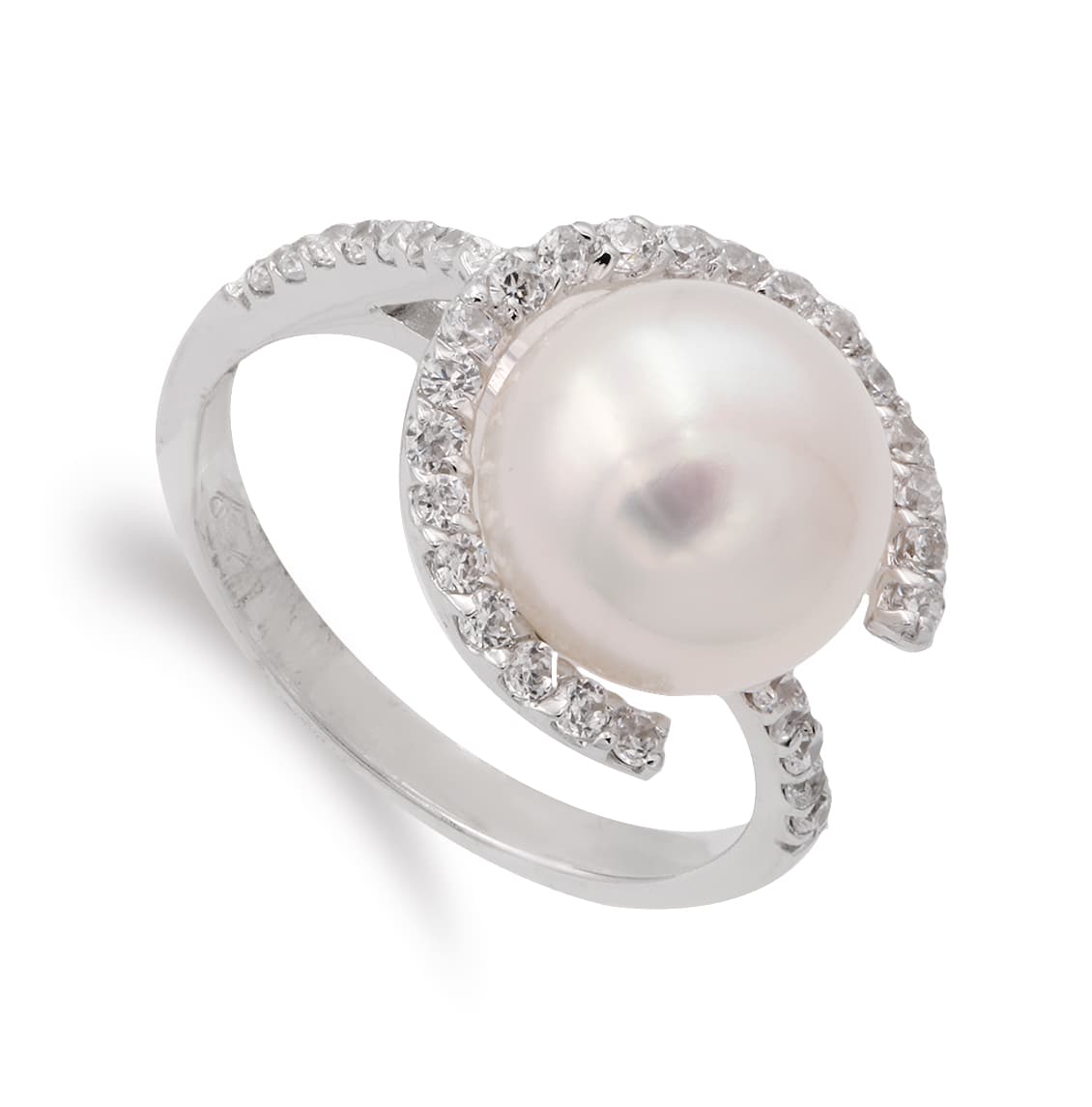 Sortija y Circonita con Perla 10 mm. Ancho Cuerpo: 3 mm de oro blanco 18K