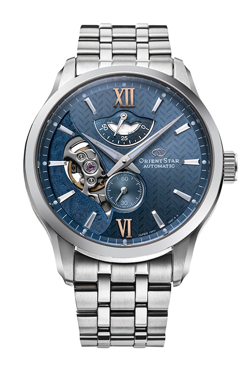 Reloj Orient Star Layered Skeleton Automático RE-AV0B08L00B, esfera azul