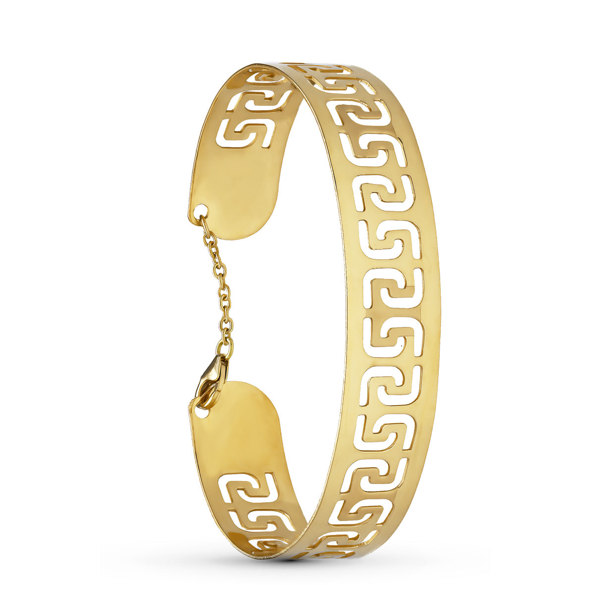 18K PULSERA ORO AMARILLO CALADA LASER MEDIDA INTERIOR 65X50 MM ANCHO TOTAL 14 MM CIERRE MOSQUETON CON CADENA