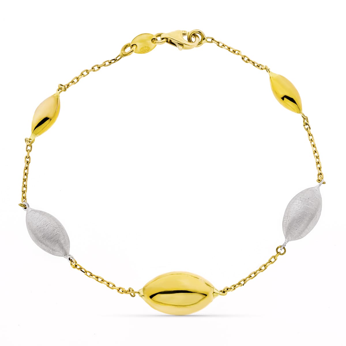 18K PULSERA ORO BICOLOR ADORNOS OVAL. ANCHO 9 MM LARGO 20CM