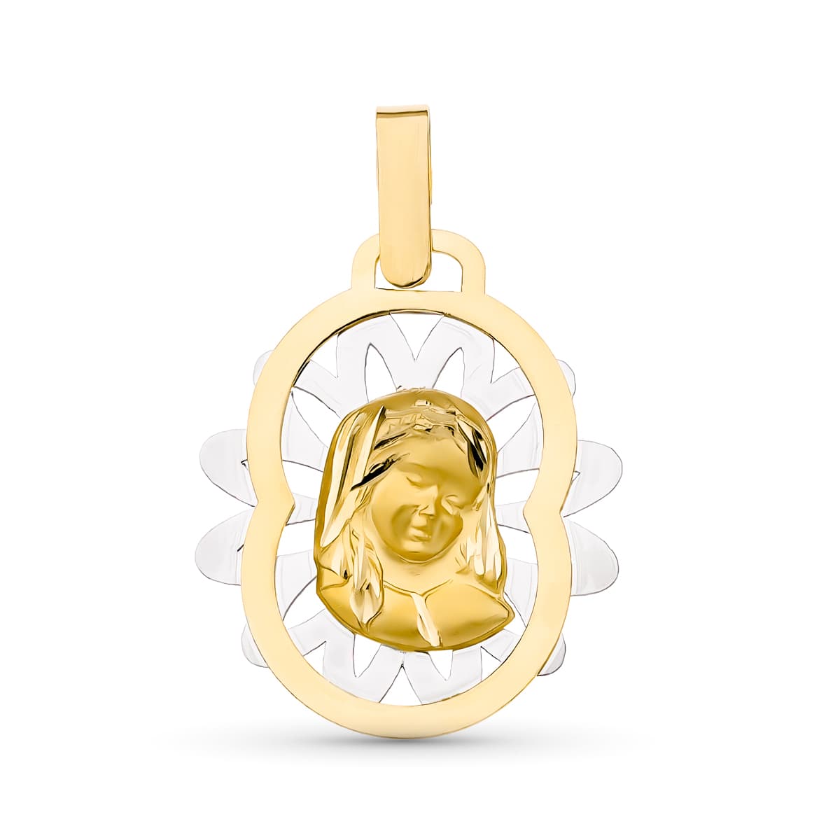18K MEDALLA ORO AMARILLO ORO BICOLOR VIRGEN NIÑA 22X19 MM