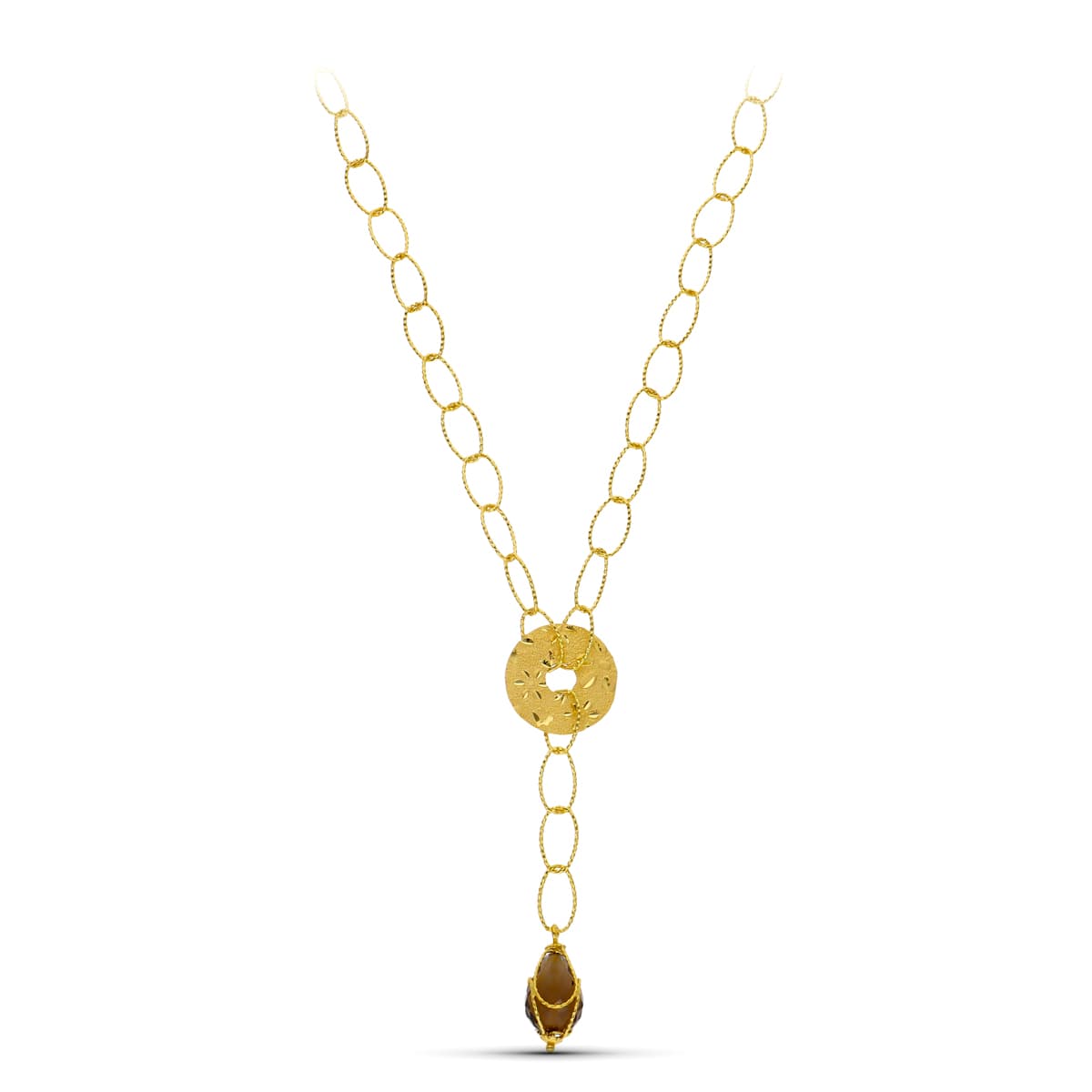 Gargantilla Eslabones Ovales Motivo Circulo y Piedra de oro amarillo 18K