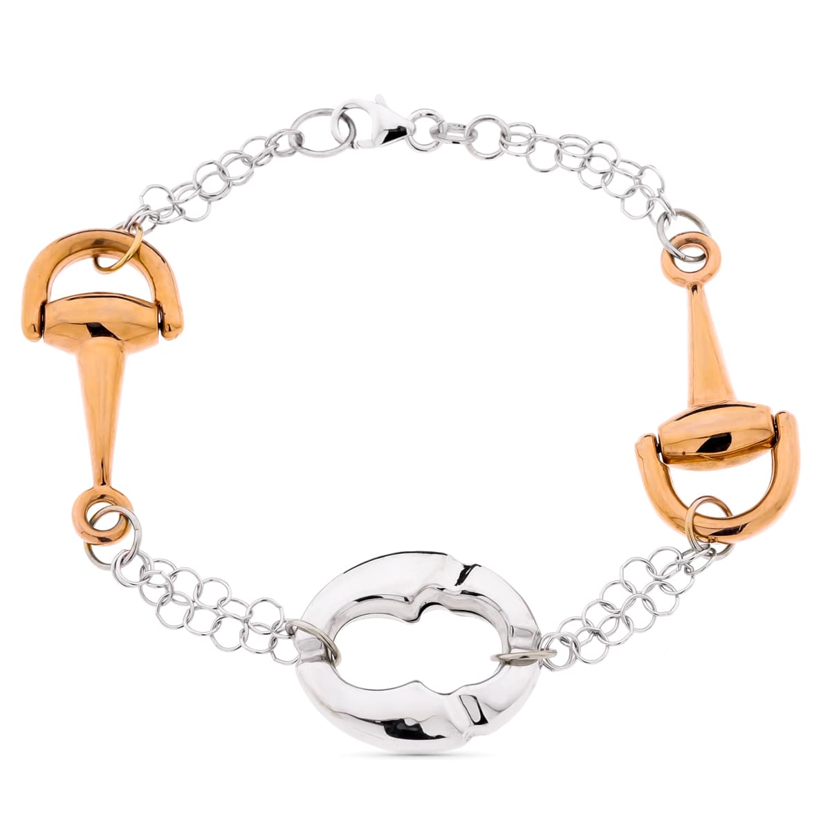 Pulsera Bicolor y Rosa Estribos. Ancho 18 mm Largo 19,5 cm de oro blanco 18K