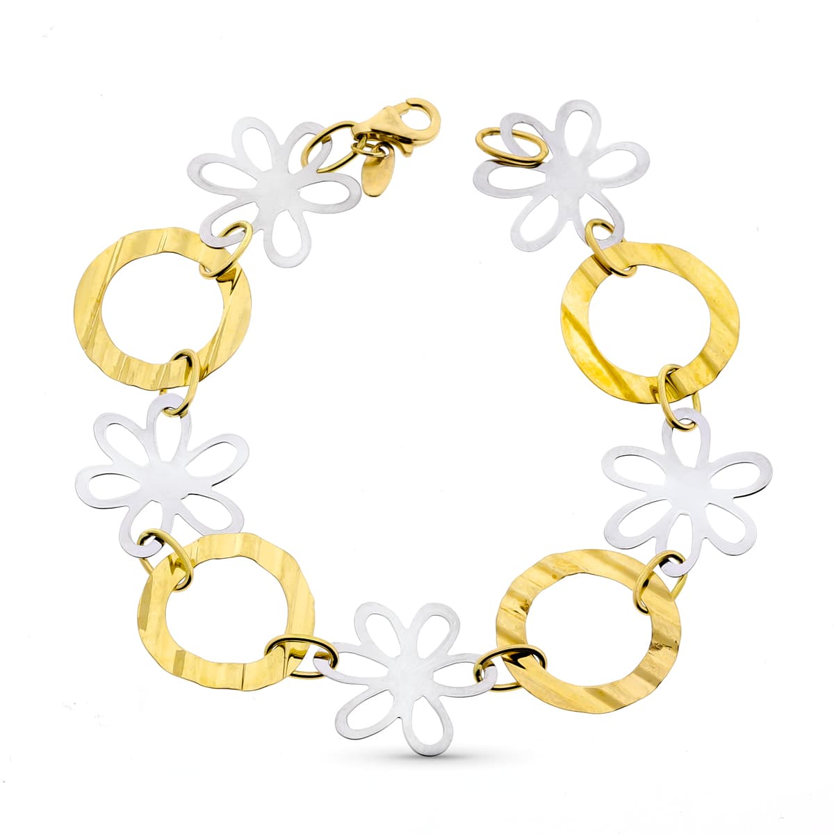 Pulsera Bicolor Flores 18,5 cm 18K