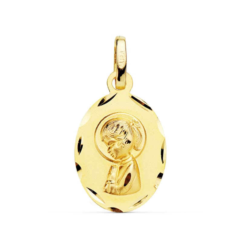 18K MEDALLA ORO AMARILLO VIRGEN NIÑA OVAL TALLADA 19X12 MM