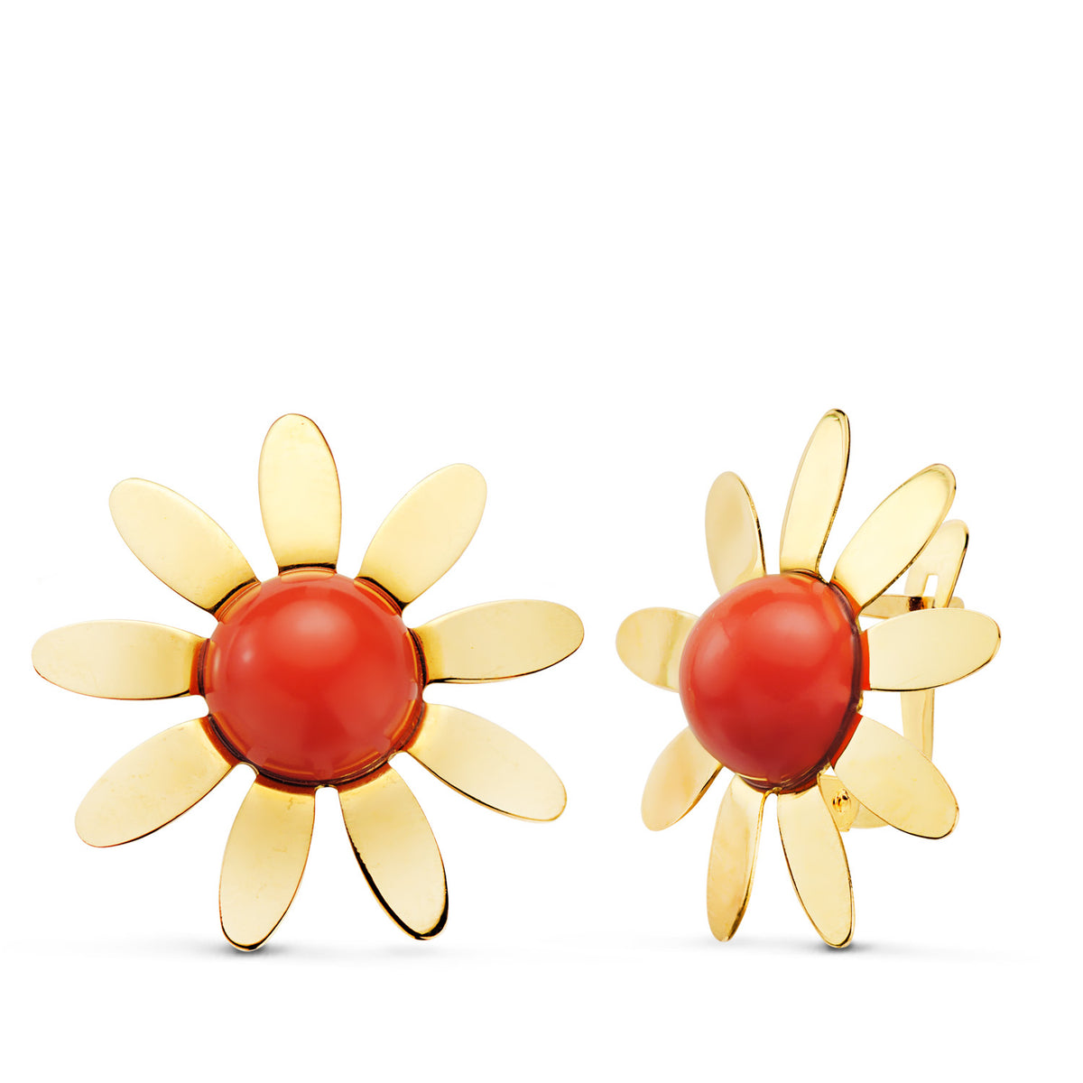 Pendientes Flor 9 Petalos con Coral 8 mm. Ancho: 20 x 20 mm.cierre catalán de oro amarillo 18K