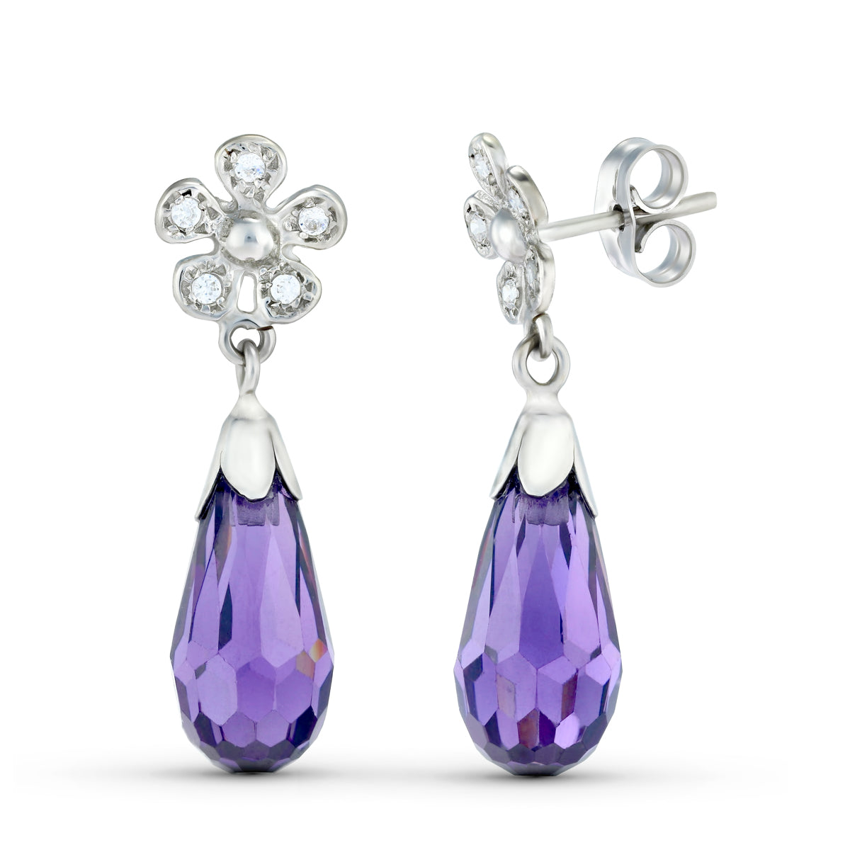 Pendientes Dos Cuerpos con Flor y Piedra. de oro blanco 18K