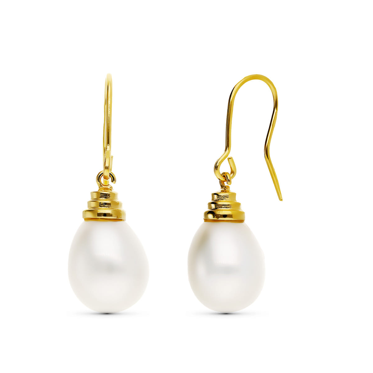 18K PENDIENTES ORO AMARILLO PERLA CULTIVADA 12X10 MM LARGO TOTAL 32 MM CIERRE GANCHO