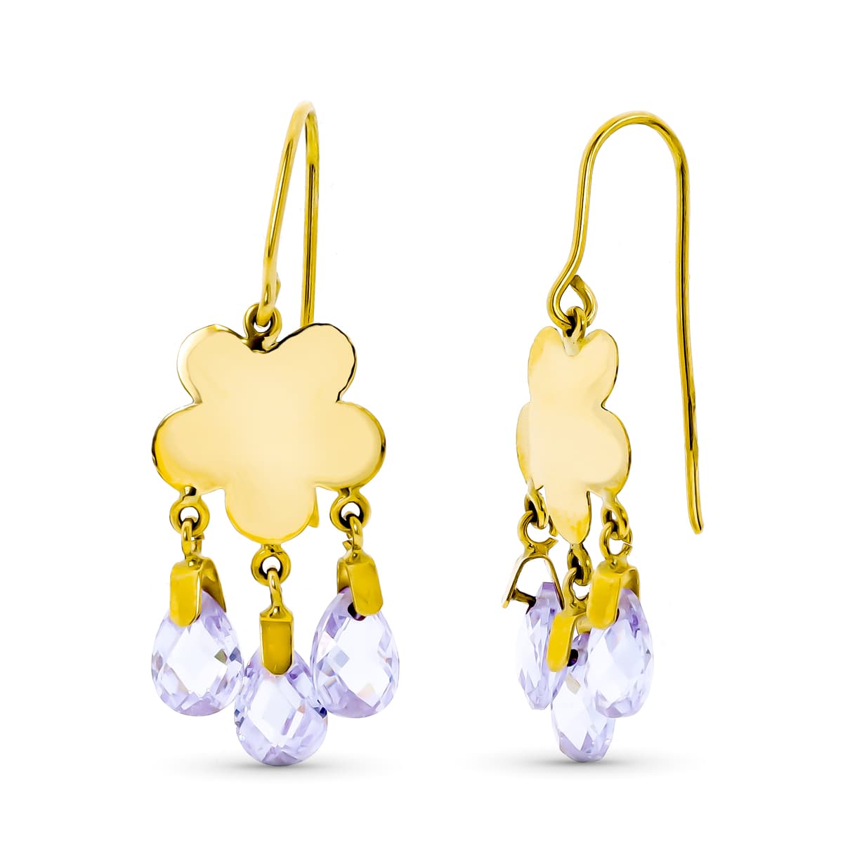 Pendientes Largo Flor 3 Piedras Color Malva Cierre Gancho de oro amarillo 18K