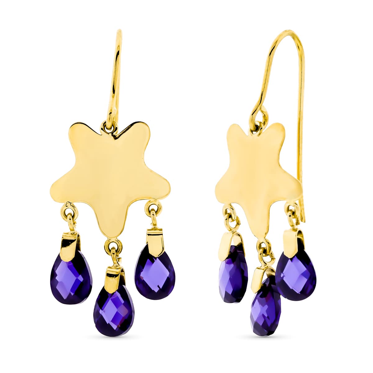 Pendientes Largos Estrella Amatista Cierre Gancho de oro amarillo 18K