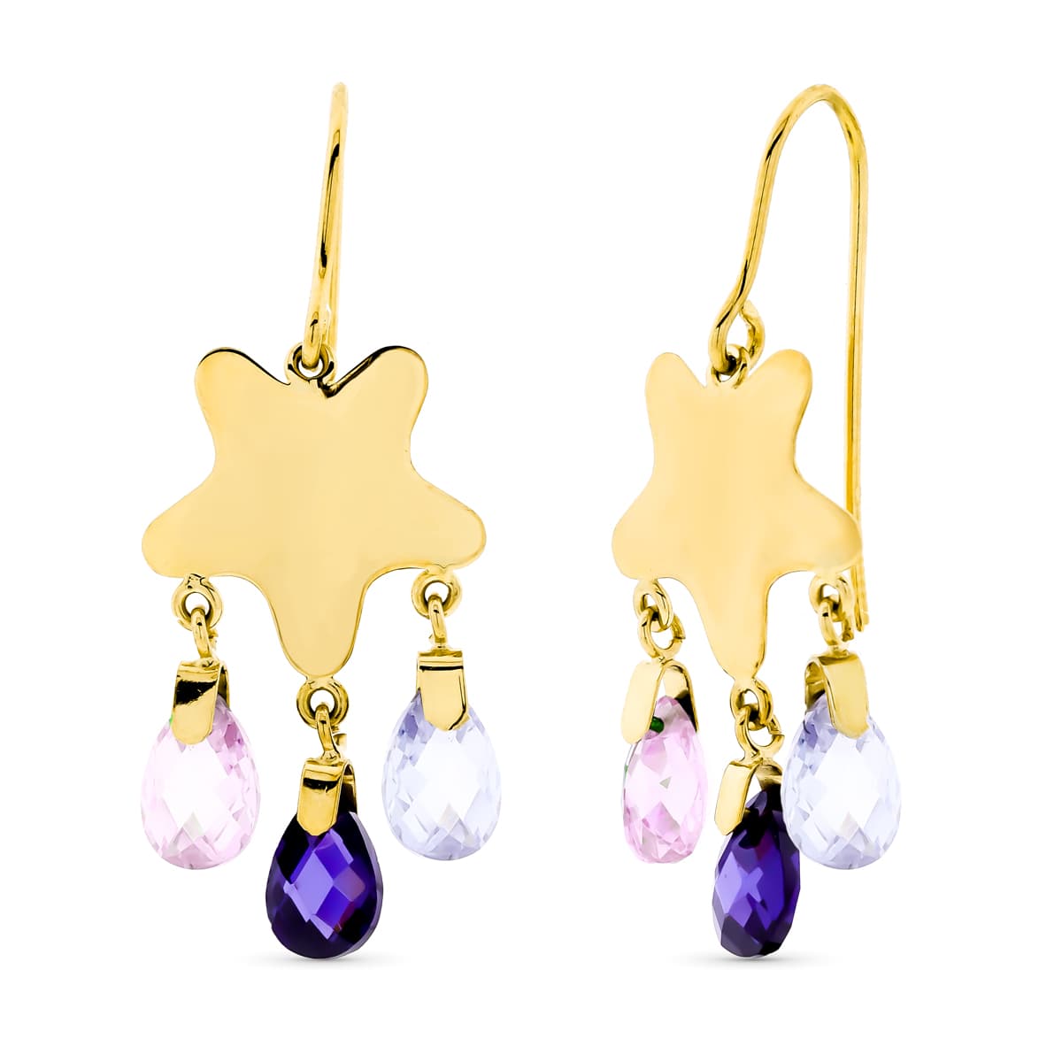 Pendientes Largos Piedra Color Estrella Cierre Gancho de oro amarillo 18K