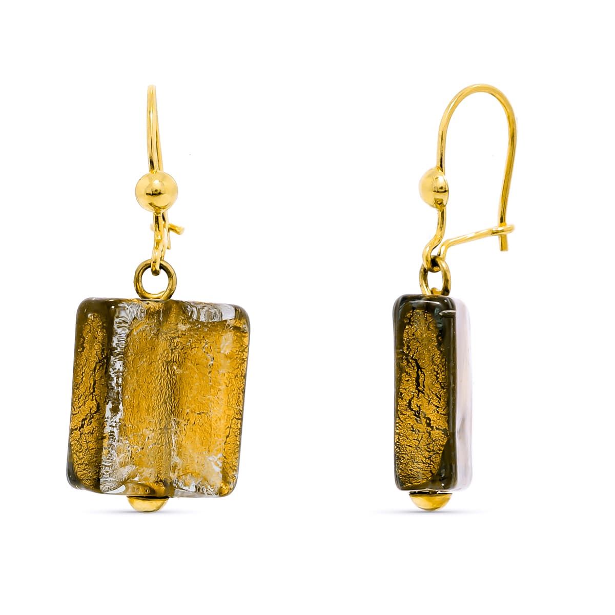 Pendientes con Cristal Murano Marron. 33 x 15 mm Cierre Gancho de oro amarillo 18K