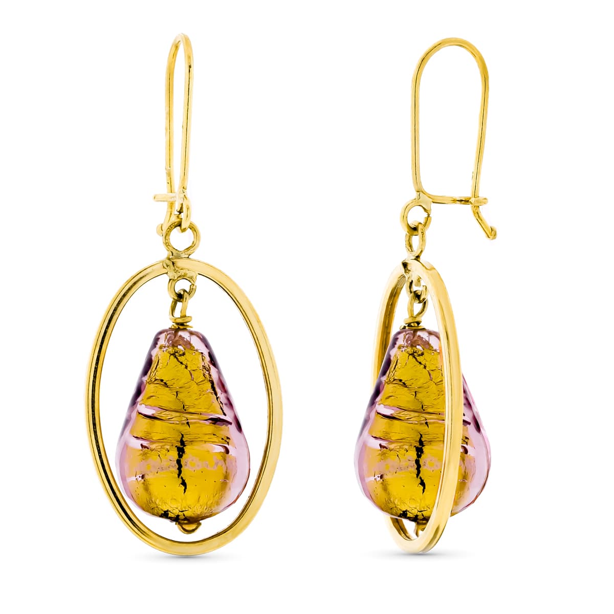 Pendientes Largo Piedra Murano Dorada 12 x 8 mm Cierre Gancho de oro amarillo 18K
