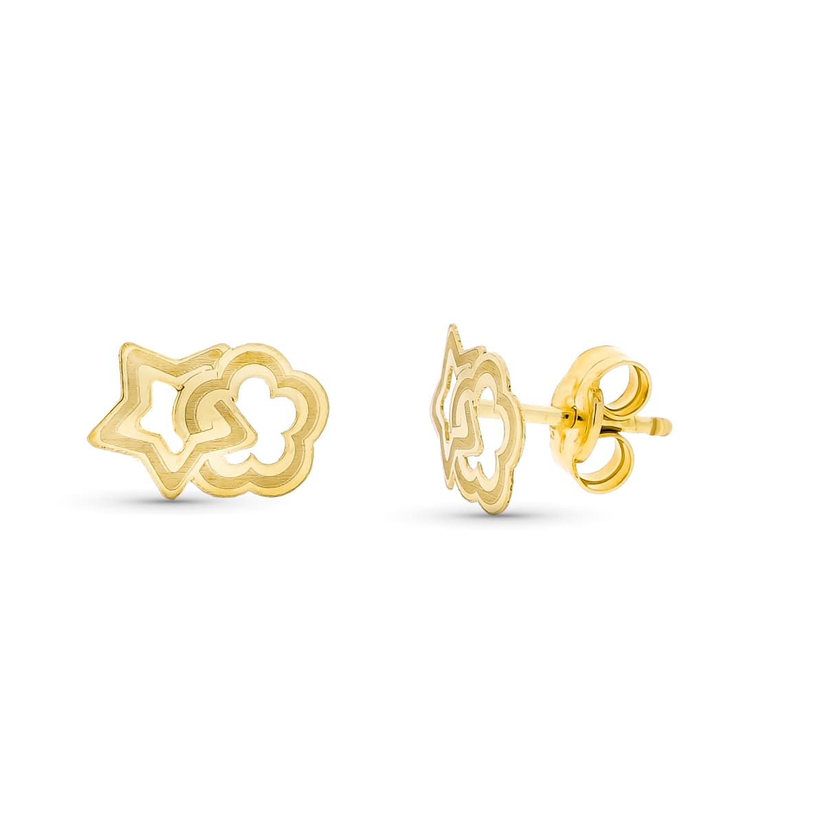 18K PENDIENTES ORO AMARILLO ESTRELLA Y FLOR 9X6 MM CIERRE PRESION