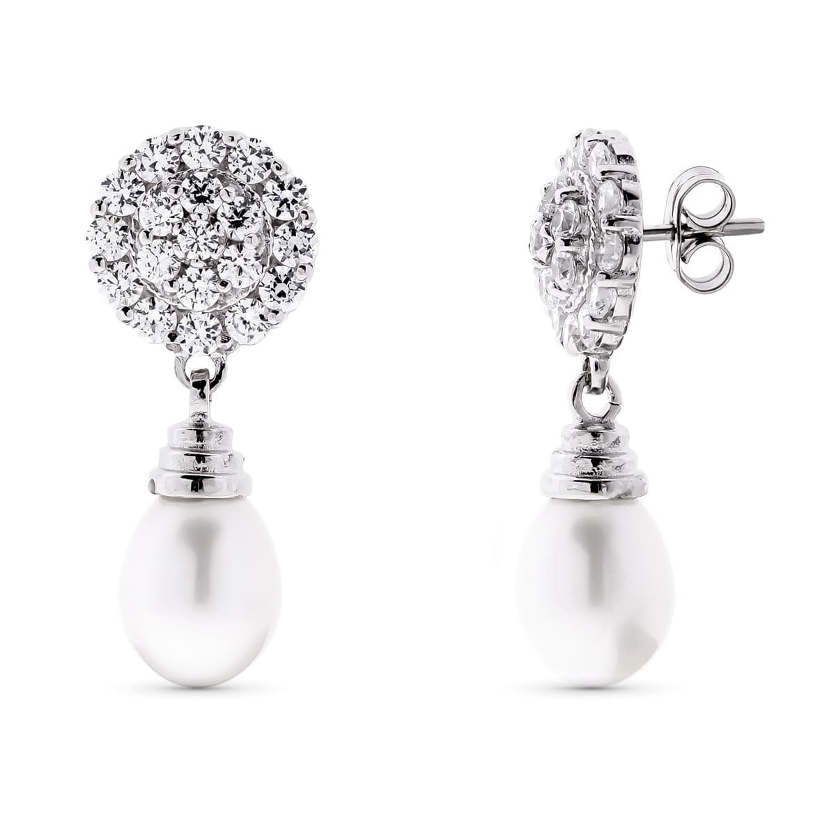 18K PENDIENTES ORO BLANCO PERLA Y CIRCONITA CIERRE PRESION