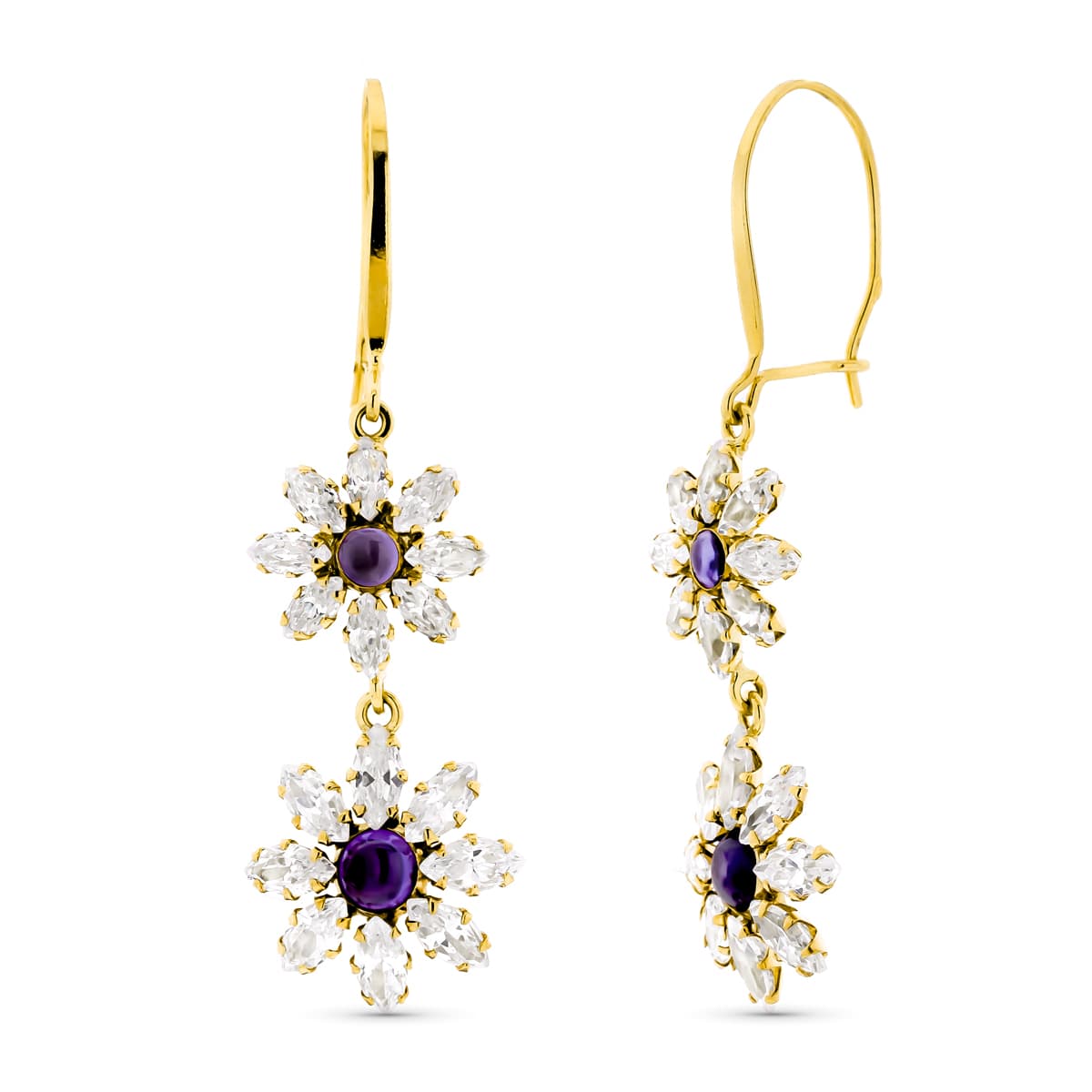 18K PENDIENTES ORO AMARILLO LARGOS FLORES CIERRE GANCHO