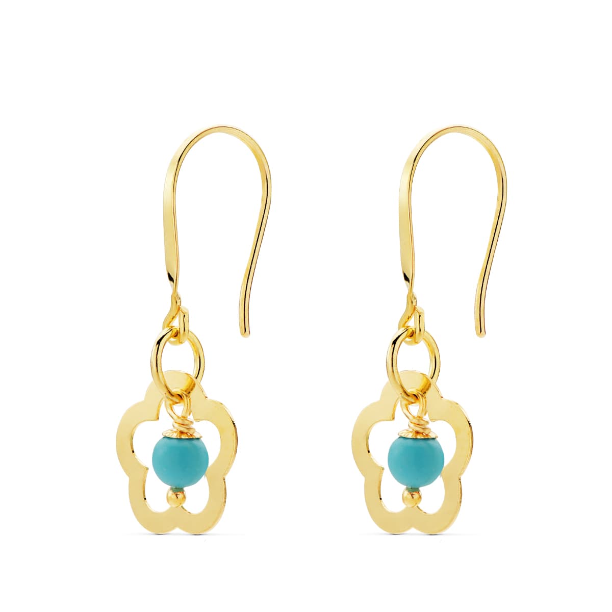 18K PENDIENTES ORO AMARILLO FLOR CON TURQUESA. MEDIDA: 28 X 12 MM. CIERRE GANCHO
