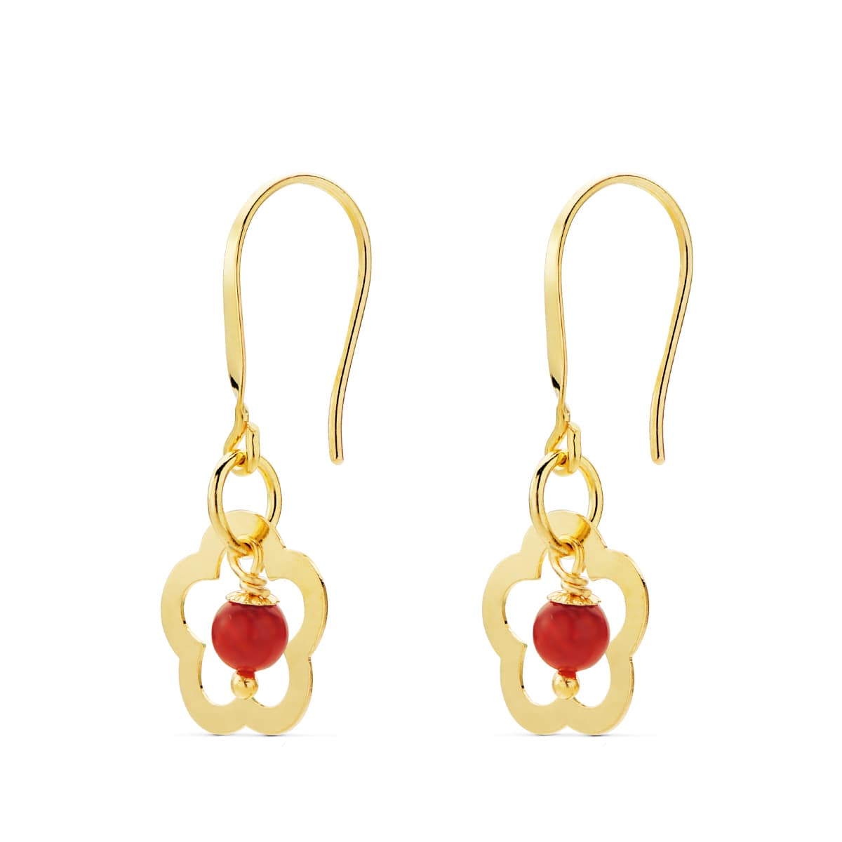 18K PENDIENTES ORO AMARILLO FLOR CON CORAL. MEDIDA: 28 X 12 MM. CIERRE GANCHO