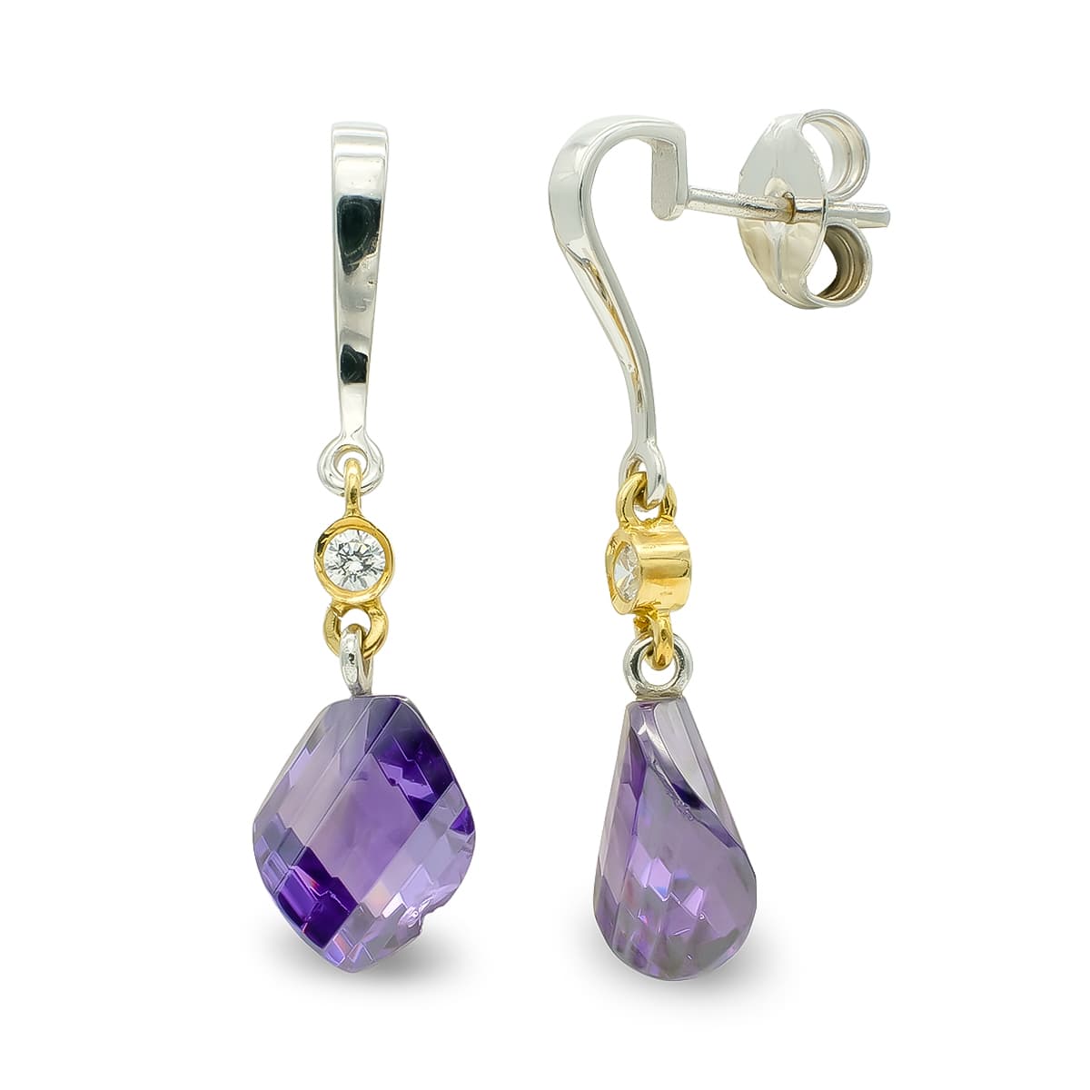 Pendientes Bicolor Amatista 11 mm Circonita 18K