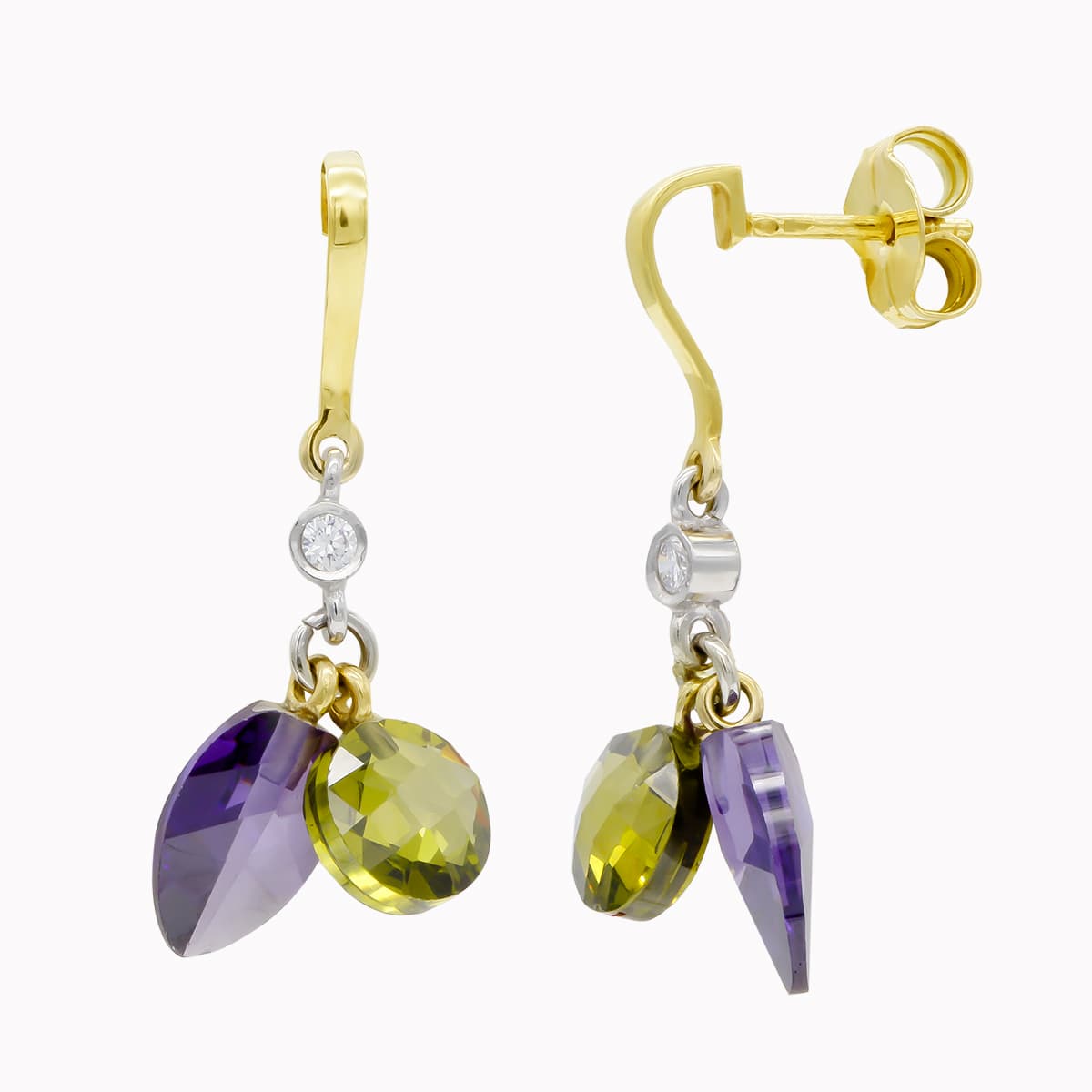 18K PENDIENTES ORO BICOLOR AMATISTA Y OLIVINA CIERRE PRESION